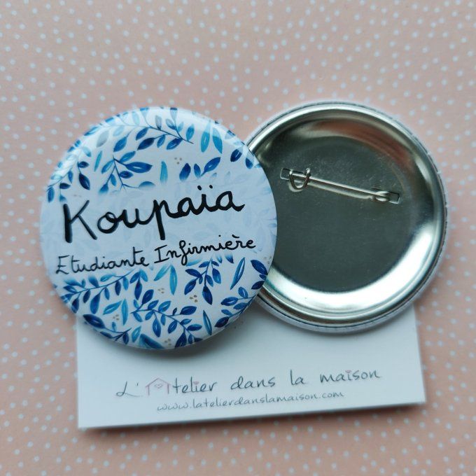 Badge métier et prénom feuillage bleu 58mm  magnet ou miroir