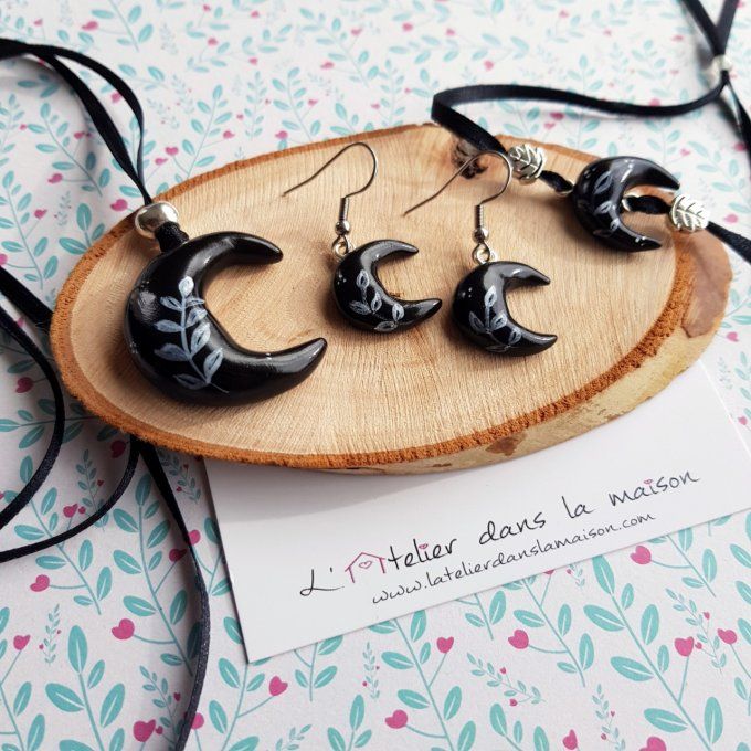 bijoux lune noire, collier, boucles et bracelet