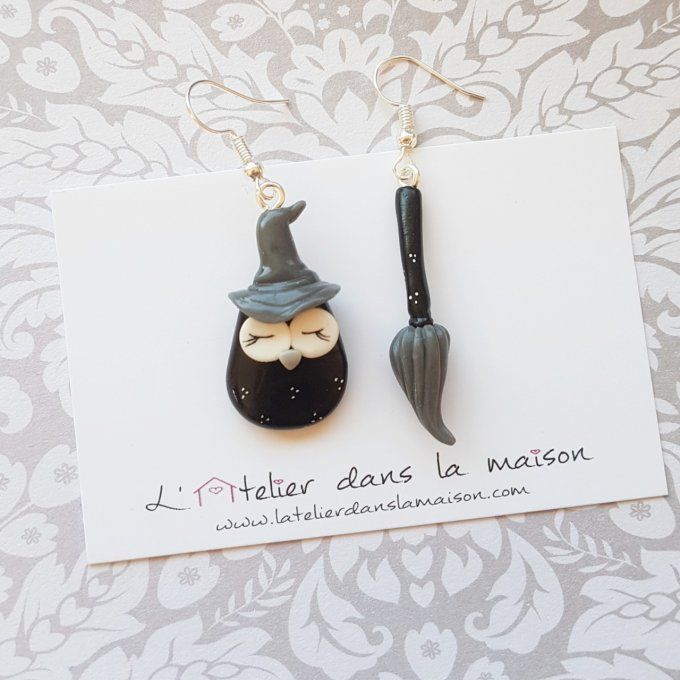 boucles d'oreilles hibou et balai de sorcière noir halloween