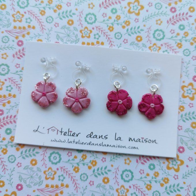 boucles sans perçage enfant sans trous fleurs roses paillettes