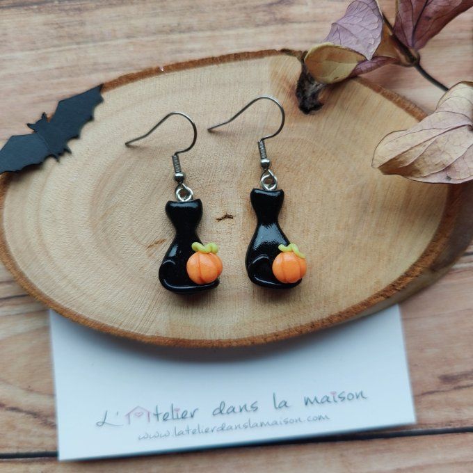 Boucles d'oreilles chats noirs et citrouilles