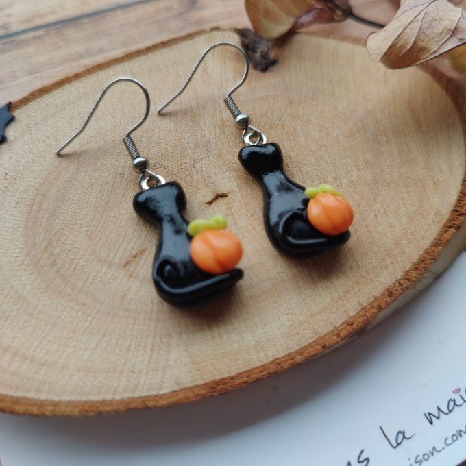 Boucles d'oreilles chats noirs et citrouilles