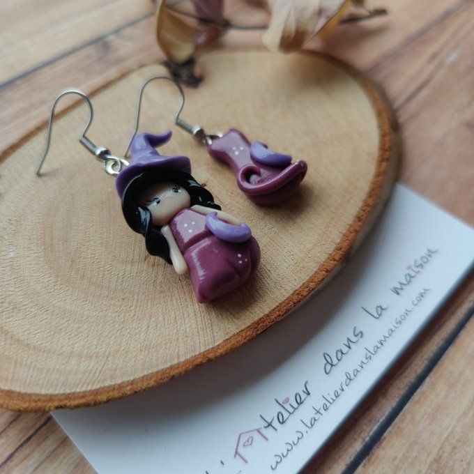 Boucles d'oreilles sorcière et chat violet