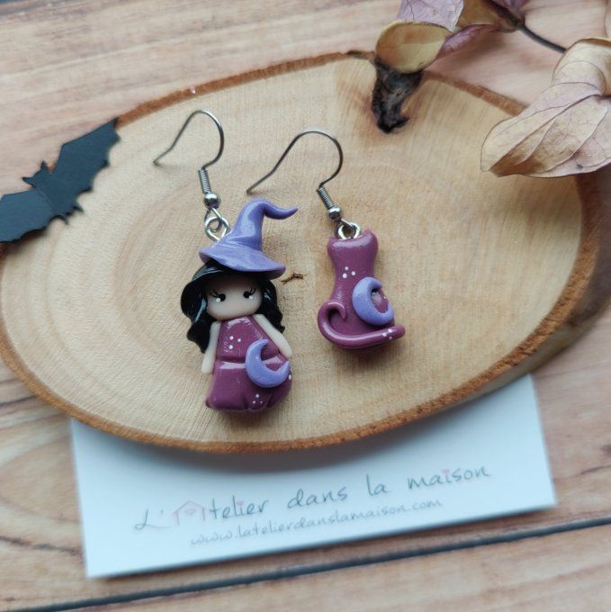 Boucles d'oreilles sorcière et chat violet