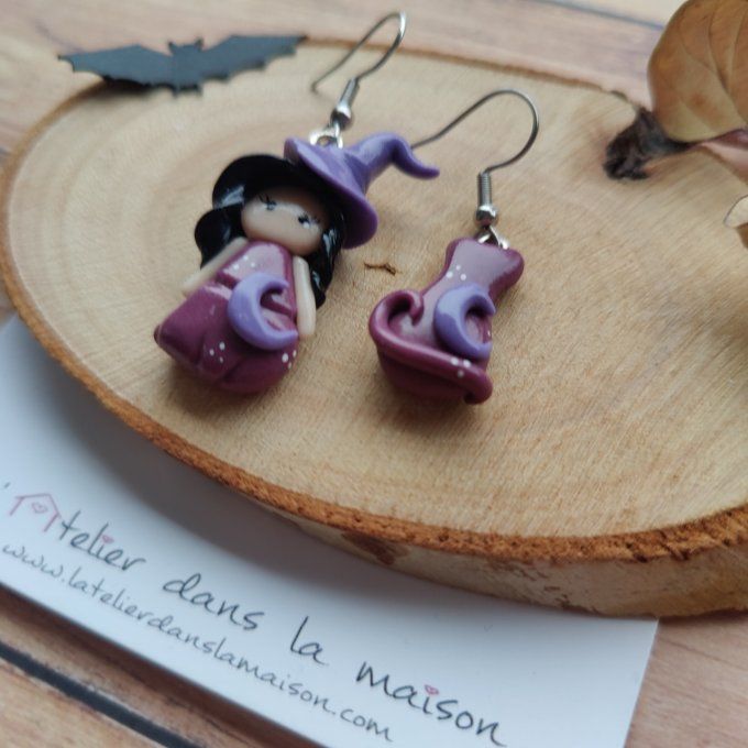 Boucles d'oreilles sorcière et chat violet