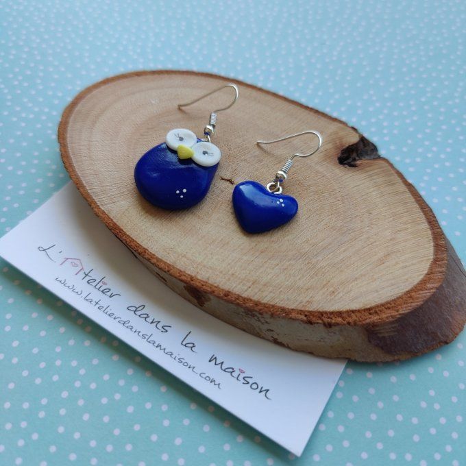 boucles d'oreilles hibou bleu et coeur