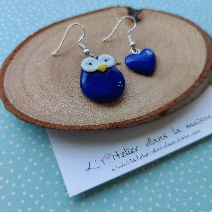 boucles d'oreilles chouette bleue et coeur