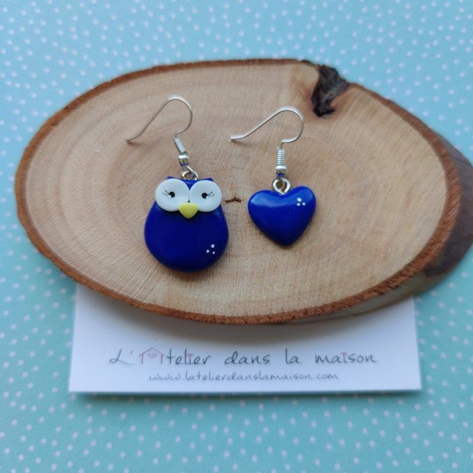 boucles d'oreilles chouette bleue et coeur