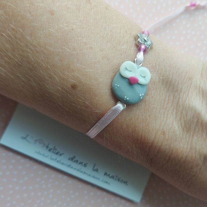 bracelet chouette gris et rose