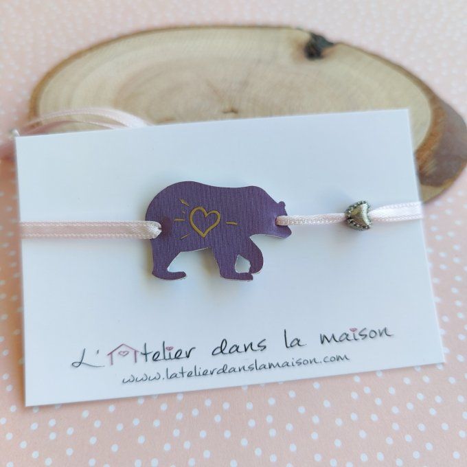 bracelet enfant ours violet et coeur doré