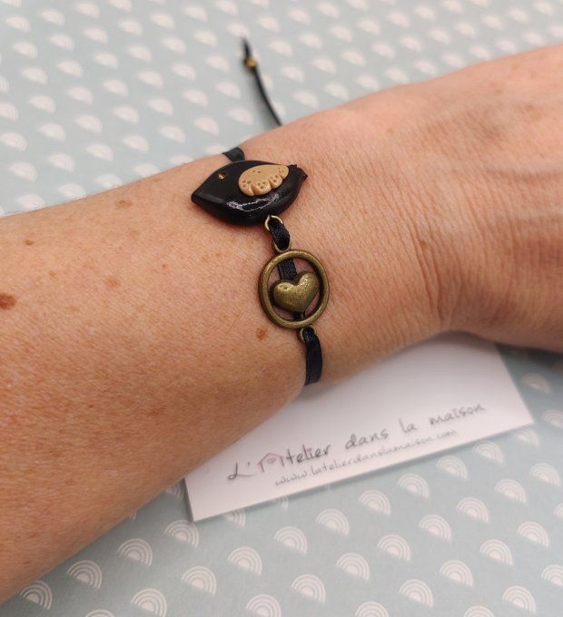 Bracelet coeur bronze et oiseau noir