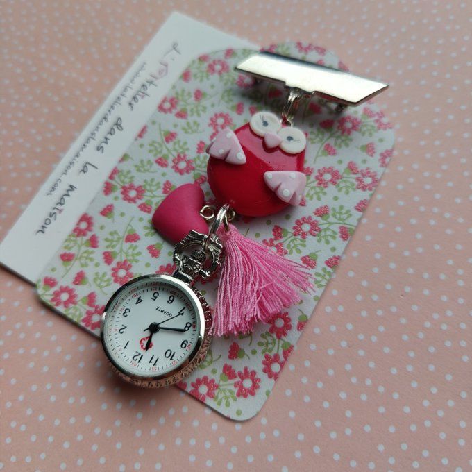 Montre de poche infirmière avec prénom personnalisable chouette rose