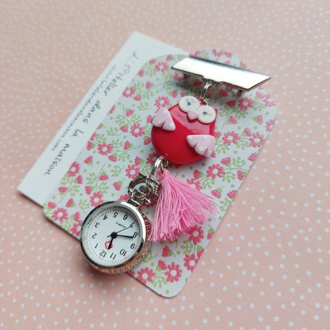 Montre de poche infirmière avec prénom personnalisable chouette rose